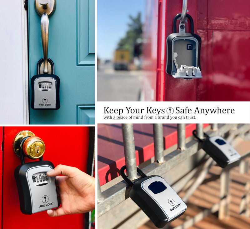 Iron LockÂ® Key Lock Box Portable with U-Shackle & Wall Mount â€“ Medium Waterproof Heavy-Duty Metal Safe with 4-Digit Combination for Spare Keys Outside on Door Knob, Fence or Gate (Grey, Medium) - Image 4